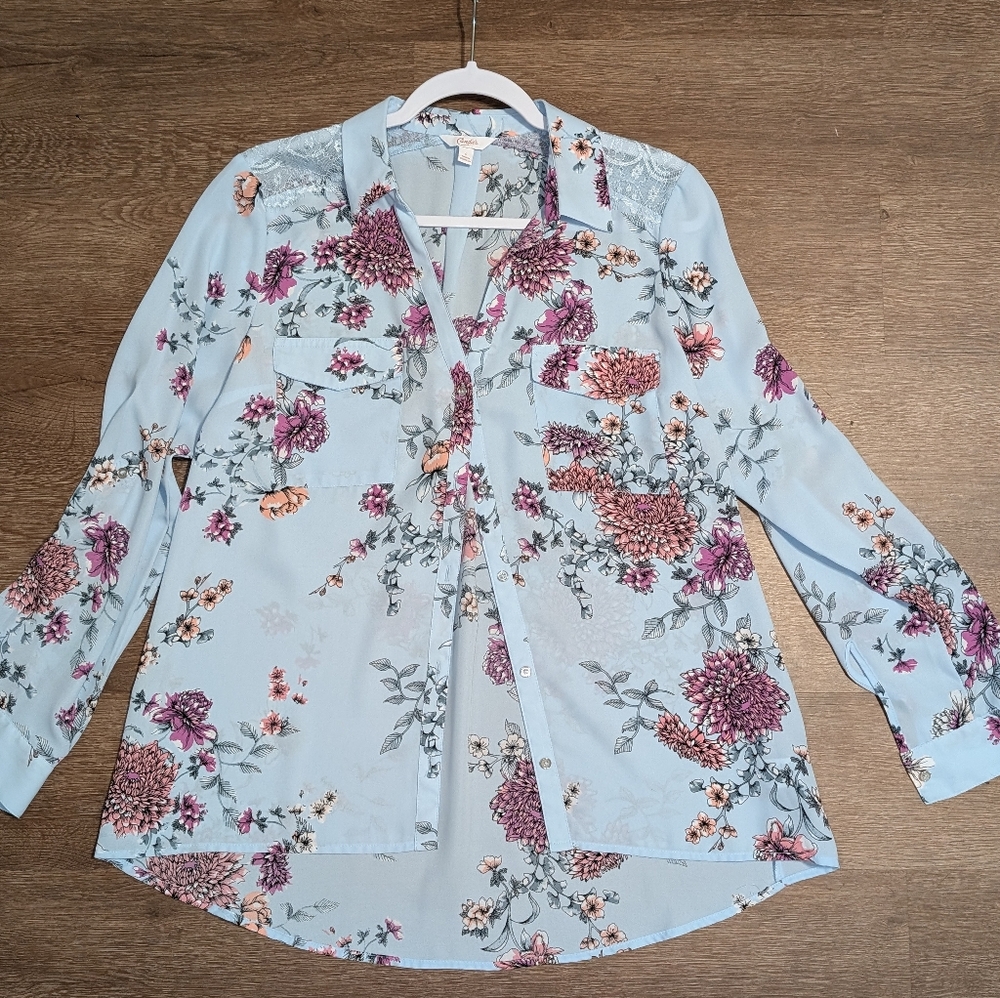 Candies Juniors Button-up Light Blue With Floral Dahlias And Wildflowers